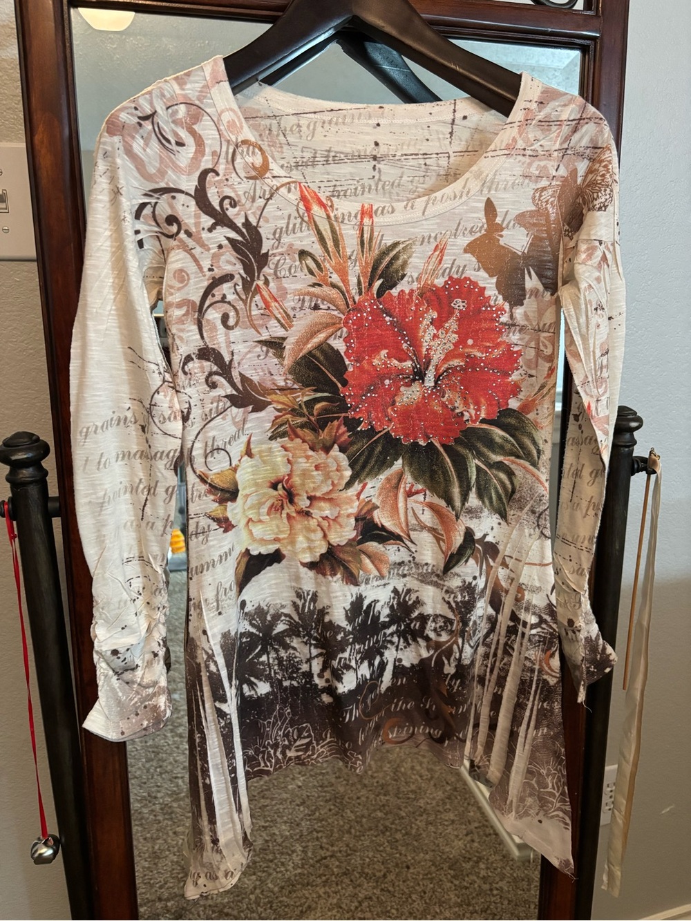 Women’s Multicolor Floral Print Long Sleeve Scoop Neck Pullover Top Rhinestone M